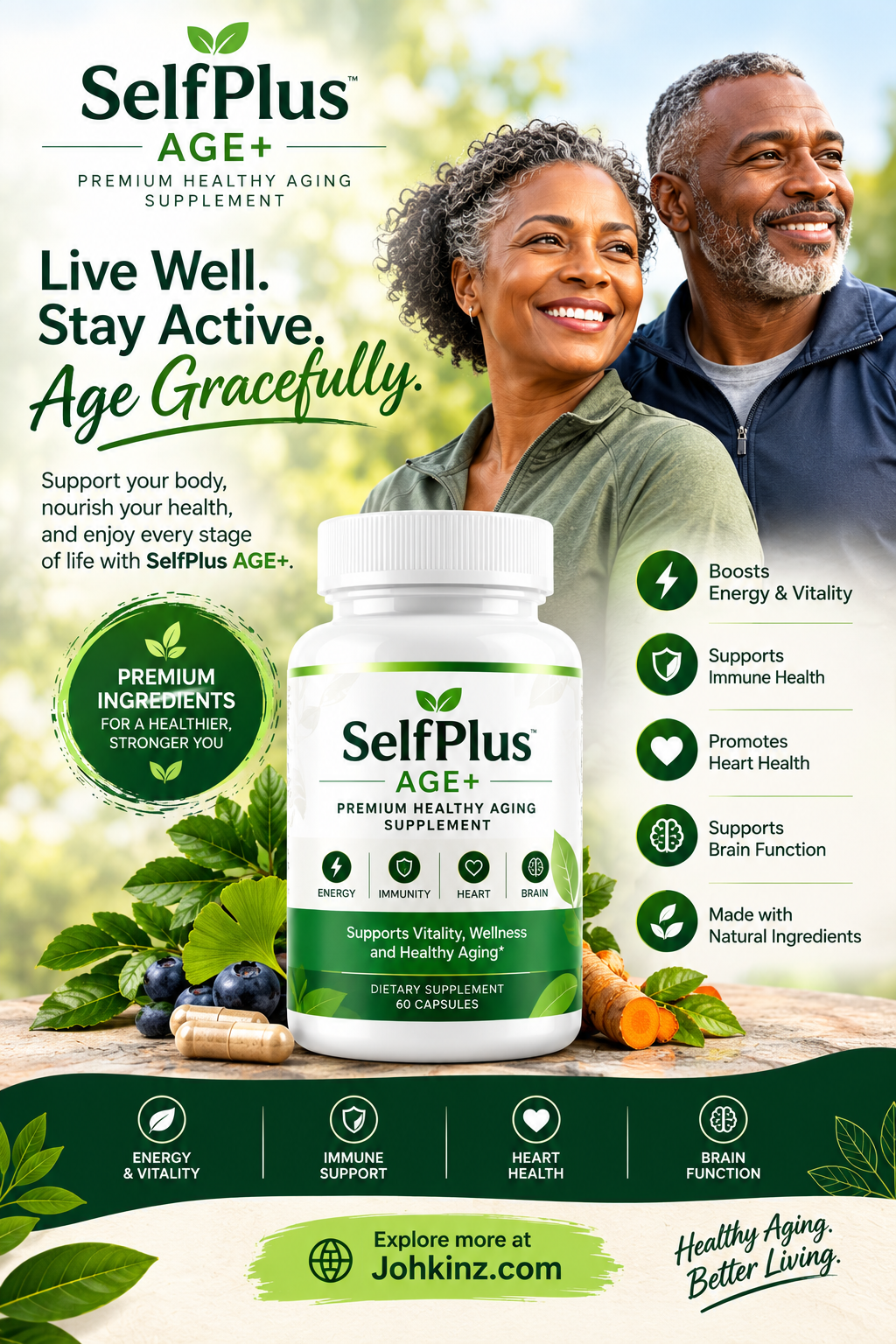 SelfPlus AGE+ premium healthy aging supplement bottle with an older couple and wellness messaging