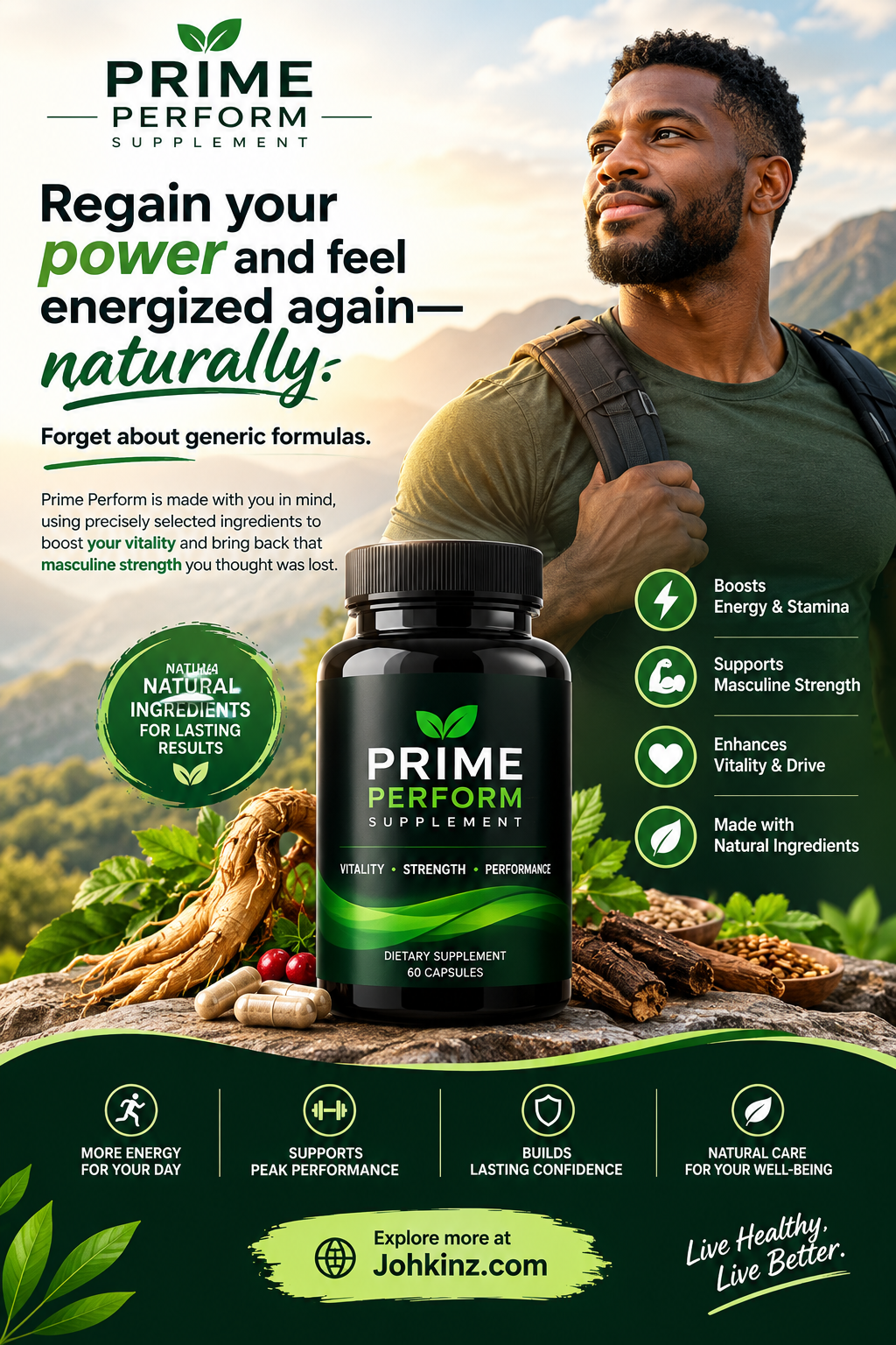 Prime Perform dietary supplement bottle with a man outdoors and vitality support messaging